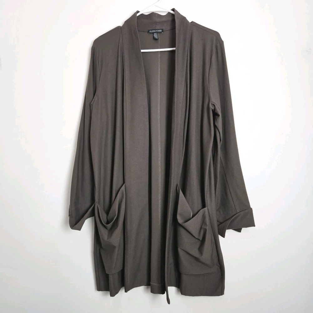 Eileen Fisher Size M Washable Stretch Crepe‎ Kimono Jacket in Rye Open Front USA